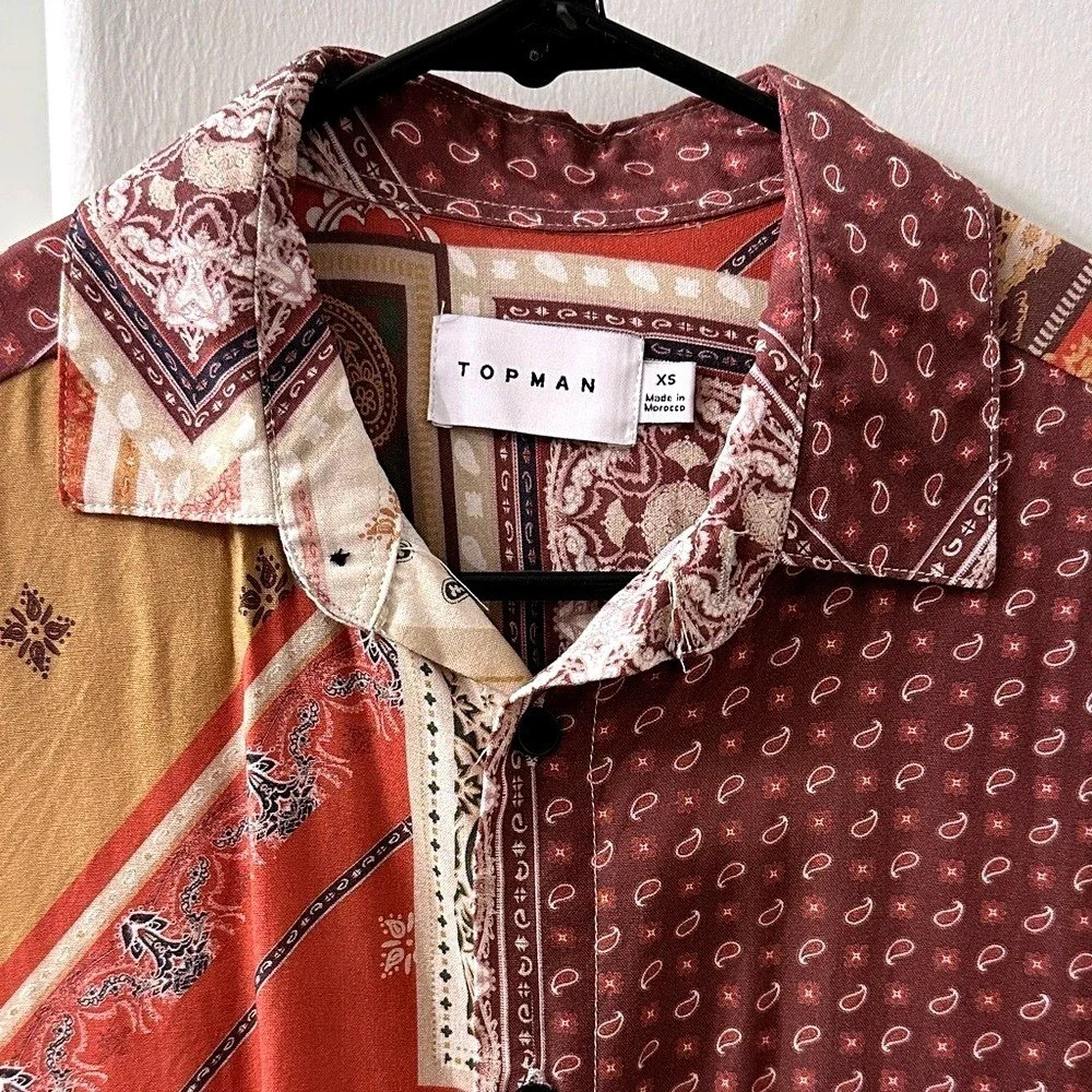 Topman Button‎ Down Shirt Men XS Red Multi Bandana/Paisley Patchwork